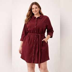 Lands’ End Women’s Corduroy Shirt Dress Large Burgundy Button Front Belted